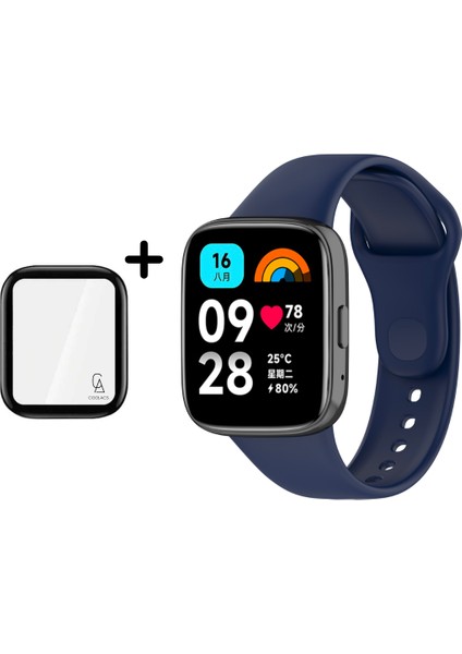 Xiaomi Redmi Watch 3 Active Uyumlu Yumuşak Silikon Kordon ve Kavisli Ekran Koruyucu Seti Lacivert