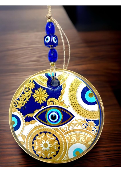 Sarı Motifli Mavi Işlemeli Nazar Boncuk Gözlü Duvar Süsü