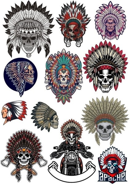 Kızılderili Kuru Kafa Sticker Set 12 Parça Telefon, Tablet, Defter, Laptop Sticker