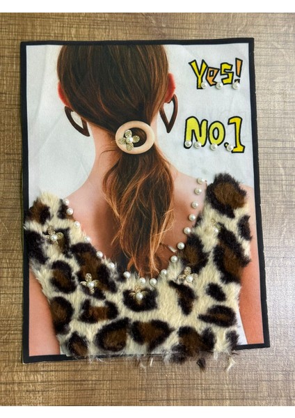 26X20 cm Inci Boncuklu Leopar Peluş Kadın Arma Yama Dikiş