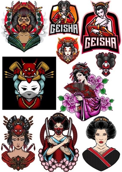 Geisha Sticker Set-2 10 Parça Telefon, Tablet, Defter, Laptop Sticker