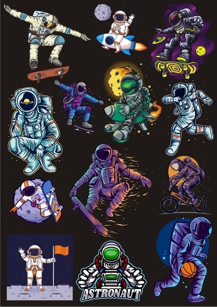 Astronot Sticker Set-7 13 Parça Telefon, Tablet, Defter, Laptop Sticker