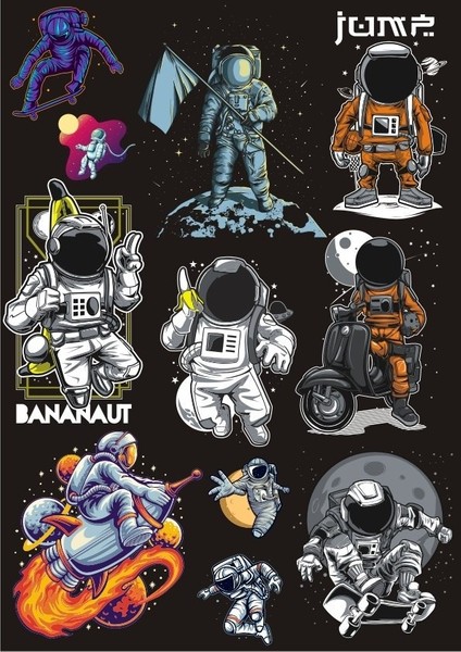 Astronot Temalı Sticker Set-2 10 Parça Telefon, Tablet, Defter, Laptop Sticker