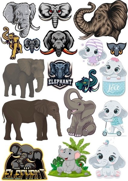 Fil Temalı Sticker Set-1 17 Parça Telefon, Tablet, Defter, Laptop Sticker