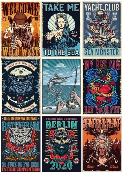 Vintage Kovboy Poster Sticker 9 Parça Telefon, Tablet, Defter, Laptop Sticker