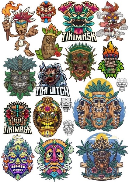 Tiki Mask Sticker Set 1 16 Parça Telefon, Tablet, Defter, Laptop Sticker