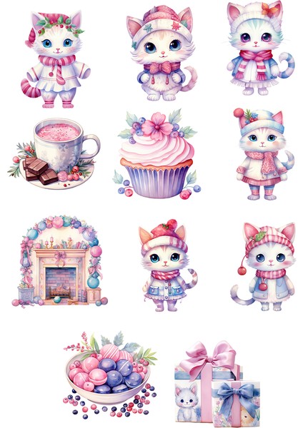 Sevimli Kedicik Sticker Set 1 11 Parça Telefon, Tablet, Defter, Laptop Sticker