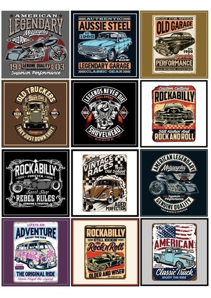 Retro Car Poster Sticker 12 Parça Telefon, Tablet, Defter, Laptop Sticker