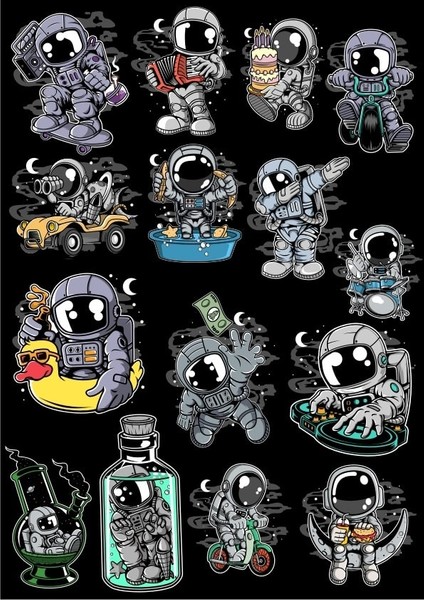 Astronot Sticker Set 14 16 Parça Telefon, Tablet, Defter, Laptop Sticker