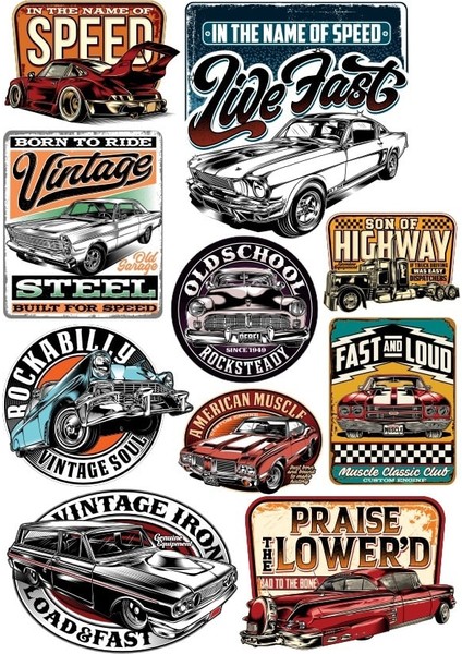 Retro Arabalar Sticker 1 10 Parça Telefon, Tablet, Defter, Laptop Sticker