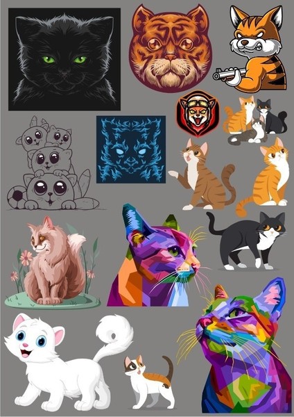 Kediler Sticker Set 7 16 Parça Telefon, Tablet, Defter, Laptop Sticker