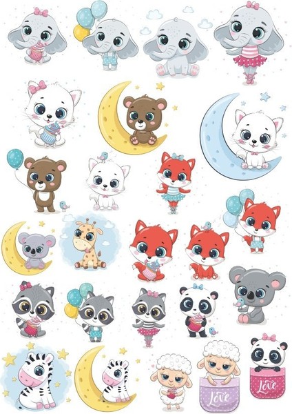 Sevimli Hayvanlar Sticker Set-5 12 Parça Telefon, Tablet, Defter, Laptop Sticker