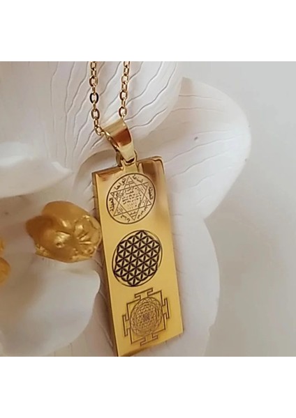Çift Yönlü Süleyman Mührü, Yaşam Çiçeği, Sri Yantra ve Sayı Sekansları Çelik Kolye