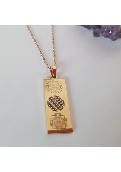 Çift Yönlü Süleyman Mührü, Yaşam Çiçeği, Sri Yantra ve Sayı Sekansları Çelik Kolye