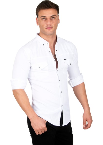 Likralı Çıtçıtlı Çift Cepli Dikiş Detaylı Kot Gömlek 2300419 fırsatları