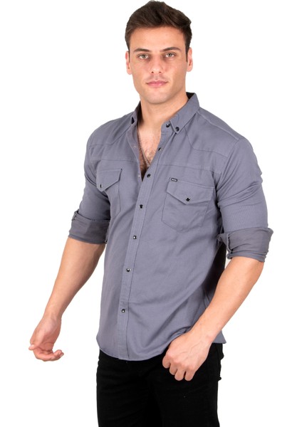 Likralı Çıtçıtlı Çift Cepli Dikiş Detaylı Kot Gömlek 2300419