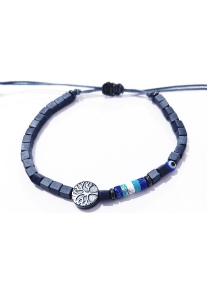 Varisit ve Hayat Ağacı Desenli Hematit Doğaltaşlı Nazar Boncuklu Küp Miyuki Unisex Bileklik