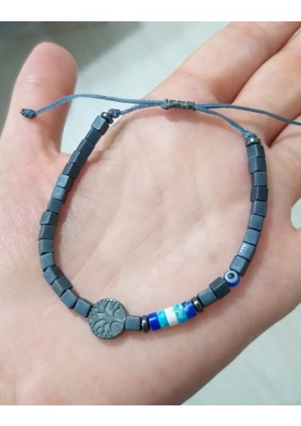 Varisit ve Hayat Ağacı Desenli Hematit Doğaltaşlı Nazar Boncuklu Küp Miyuki Unisex Bileklik fırsatları