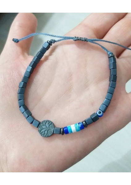 Varisit ve Hayat Ağacı Desenli Hematit Doğaltaşlı Nazar Boncuklu Küp Miyuki Unisex Bileklik indirimleri