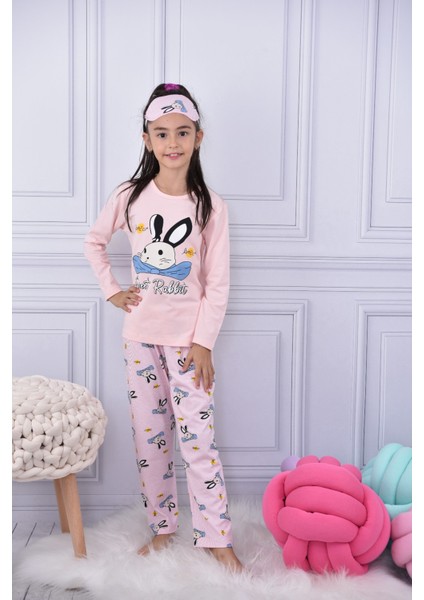 Lolli Boom Kids  Kız Çocuk Papyonlu Tavşan Baskılı Açık Pembe Renk Basic Pijama Takımı Göz Bandı Hediyeli Alt Üst Takım