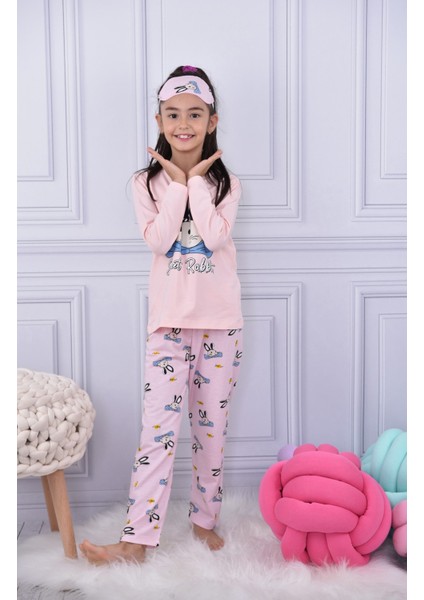 Lolli Boom Kids  Kız Çocuk Papyonlu Tavşan Baskılı Açık Pembe Renk Basic Pijama Takımı Göz Bandı Hediyeli Alt Üst Takım