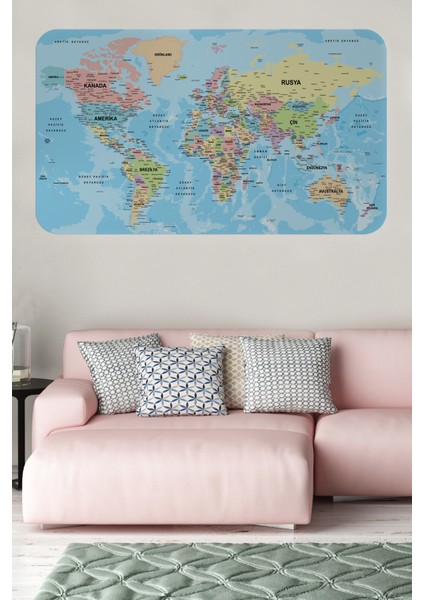 Türkçe Eğitici Ülke ve Başkent Okyanus Detaylı Atlası Dekoratif Dünya Haritası Duvar STICKER 3869