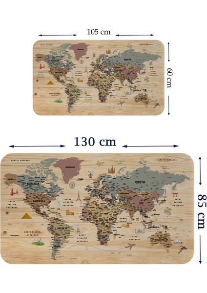 Ahşap Görünümlü Türkçe Eğitici Detaylı Atlası Dekoratif Dünya Haritası Duvar Sticker 3844 fiyatları
