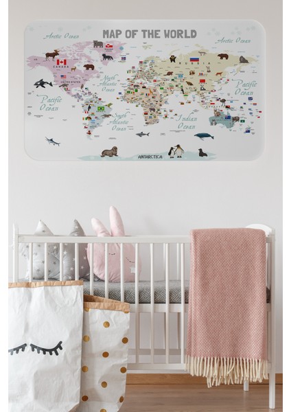 Eğitici ve Bayraklı Dünya Haritası Dünya Atlası Çocuk ve Bebek Odası Duvar STICKER 3813