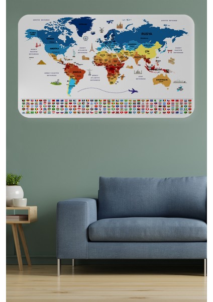 Ülke Bayrak Lı Eğitici Başkent Detaylı Atlası Dekoratif Dünya Haritası Duvar STICKER 3857