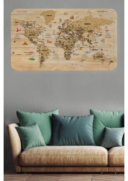 Ahşap Görünümlü Türkçe Eğitici Detaylı Atlası Dekoratif Dünya Haritası Duvar Sticker 3843