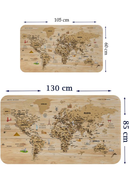 Ahşap Görünümlü Türkçe Eğitici Detaylı Atlası Dekoratif Dünya Haritası Duvar Sticker 3843 fiyatları