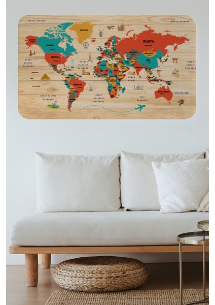 Ahşap Görünümlü Türkçe Eğitici Detaylı Atlası Dekoratif Dünya Haritası Duvar STICKER 3867