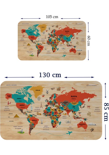 Ahşap Görünümlü Türkçe Eğitici Detaylı Atlası Dekoratif Dünya Haritası Duvar STICKER 3867 fiyatları