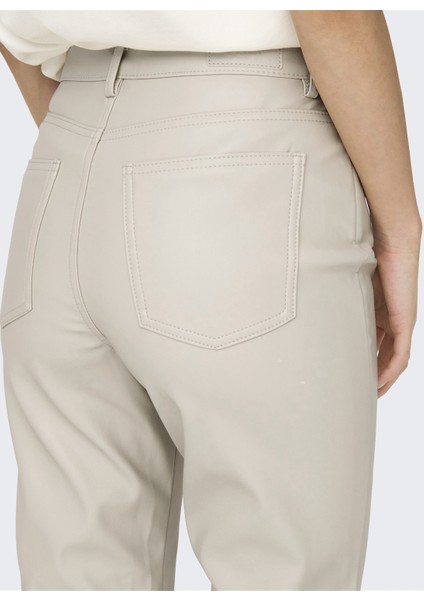 Yüksek Bel Normal Krem Kadın Pantolon Onlemıly Hw St Ank Faux Leather Pnt