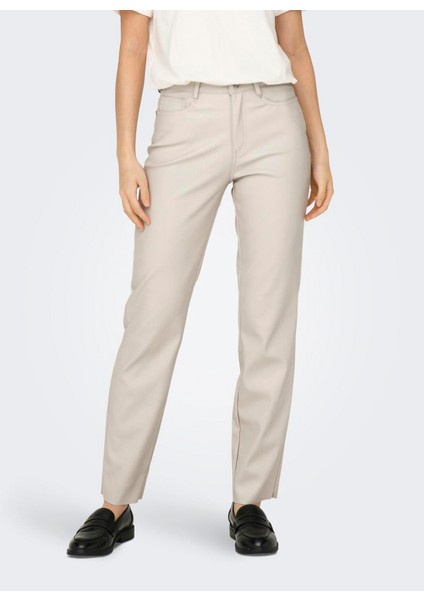 Yüksek Bel Normal Krem Kadın Pantolon Onlemıly Hw St Ank Faux Leather Pnt