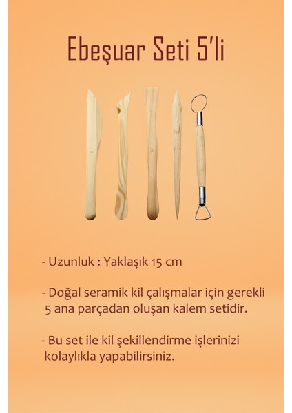 Beyaz Seramik Hamuru 1 kg Kil Ebeşuar Seti 6X15 ml Akrilik Set 50 cc Vernik Ahşap Merdane Zımpara