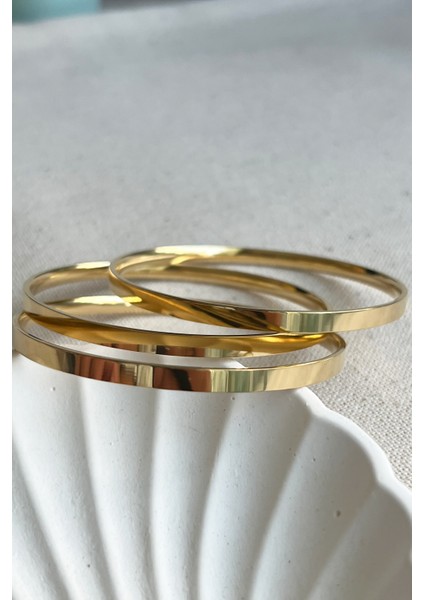 Caprea Çelik Ajda Üçlü Yassı Kadın Bilezik Kararmaz Altın Renkli Üçlü Kadın Bileklik Xblz