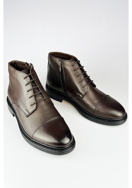 Deri Kahverengi Fermuarlı Erkek Kışlık Bot