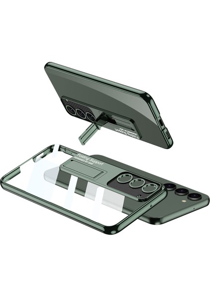 - Samsung Galaxy S23 Plus - Kılıf Kamera Korumalı Şeffaf Tasarımlı Lego Standlı Kapak - Koyu Yeşil - T26165