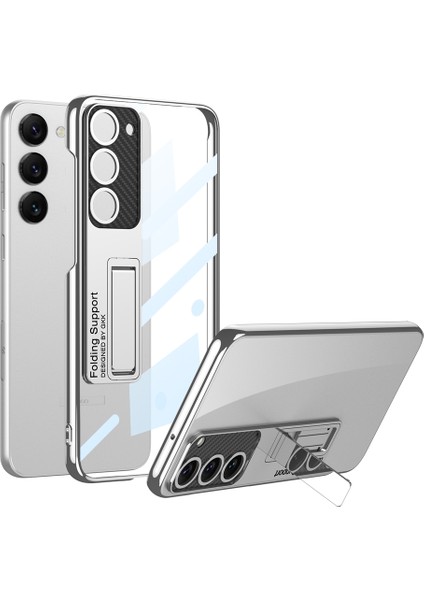 - Samsung Galaxy S23 - Kılıf Kamera Korumalı Şeffaf Tasarımlı Standlı Kapak - Gümüş