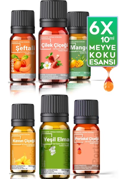 Cosmetics Meyve Rüyası Oda & Ortam Kokusu Serisi 6X10ML Esansiyel Uçucu Yağ %100 Doğal Buhurdanlık Yağı 6'lı Set