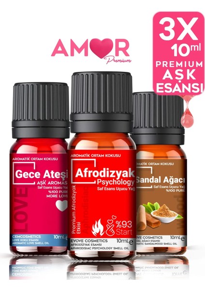 Cosmetics Premium Amor Daha Fazla Aşk Oda Kokusu-Buhurdanlık Yağı Serisi 3X10ML Esansiyel Uçucu Yağ %100 Doğal Afrodizyak Gece Ateşi & Sandal 3'lü Set