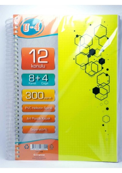 U4 8 + 4 Bölü ml ü 300 Yaprak A4 Sipralli Ayraçlı Defter 8 Kareli 4 Çizgili Çoklu Defter