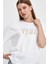 Kadın Bisiklet Yaka Fildişi Logo Baskılı Oversize Tişört 5