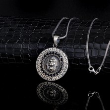 Tesbih Sepetim Aslan Motifli Siyah Zirkon Taşlı 925 Ayar Gümüş Kolye