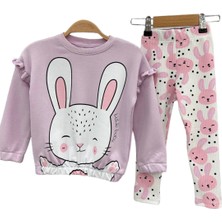 Lolli Boom Kids  Kız Çocuk Tavşan Baskılı Fitilli Tayt Bel Büzgü Kol Fırfır Detaylı Alt Üst Takım Lila Renk