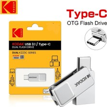 Kodak K223C Type-C ve USB 3.1 Hızlı USB Flash Bellek 128Gb.Otg Çift Girişli Orjinal Metal ve Sağlam