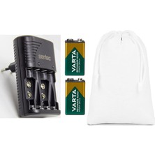 Varta 9V Şarjlı Pil (2 Adet) + Sertec STC-C9V AA-AAA-9V Uyumlu 4lü Pil Şarj Aleti + Saklama Kılıfı