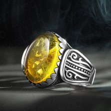 Takılingo 925 Ayar Gümüş Orijinal Kehribar Taşlı Erkek Yüzük