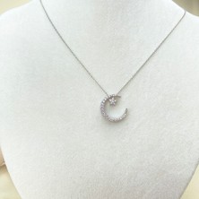 Kyver Ay Yıldızlı Kolye Hilal Yıldız Kolye Zirkon Taşlı Çelik Silver 40+5 cm